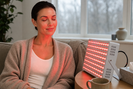 Frau sitzt erkältet auf dem Sofa neben einem roten Lichttherapie-Panel