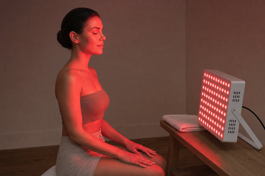 Frau sitzt auf einer Bank vor einem roten Lichttherapie-Panel